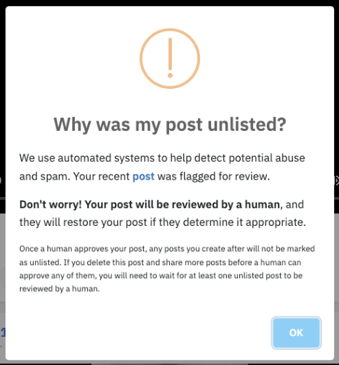 Picture of an information modal explaining why a post was unlisted